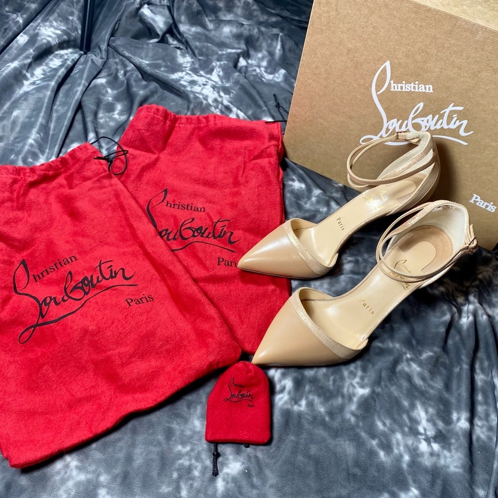 Christian Louboutin Beige Nude Uptown Double 85 Point Ankle Strap Pumps